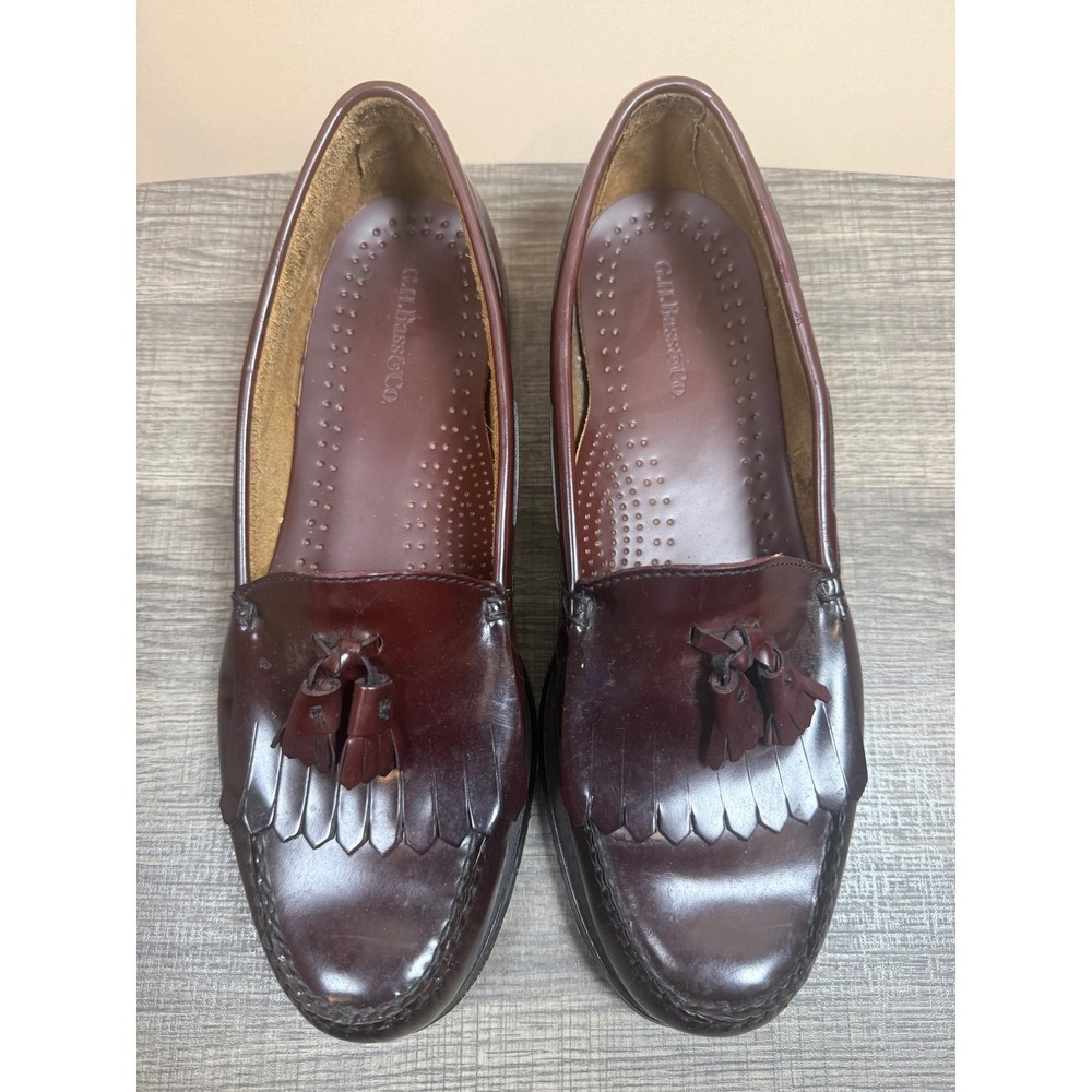 GH Bass Mens Burgundy Leather Kiltie Tassel Loafers Slip On Dress Shoes